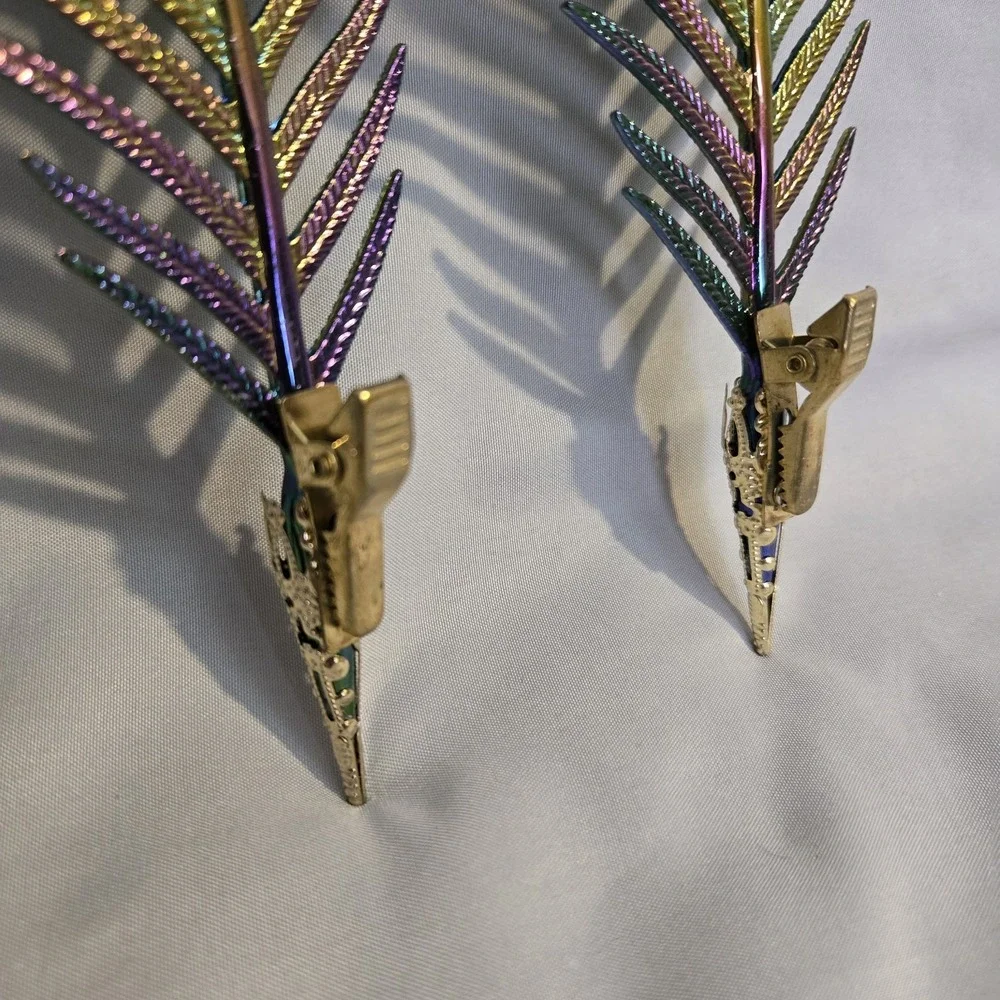 Pair Peacock Feather Clip On Christmas Ornaments Iridescent Jeweled Glitter 6